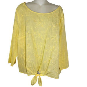 Liz Claiborne Top Womens XXL Yellow Eyelet Floral Keyhole Tie Front 3/4 Sleeve